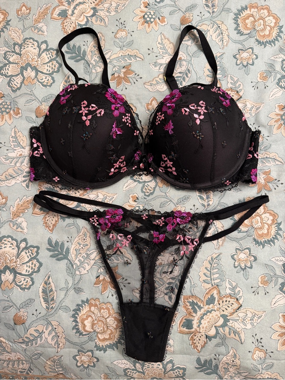 Victoria's Secret Black Bra & Thong Set with Pink and Magenta Embroidery